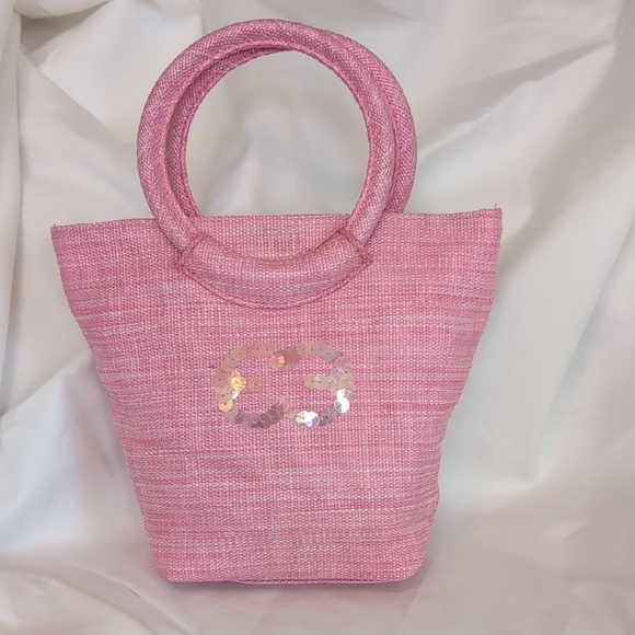 Escada Handbags - Escada Pink Straw Tote with Round Handles and Sequin Detail